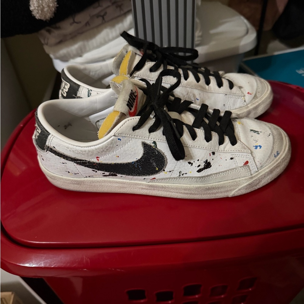 Nike White Sneakers with Black Swoosh and Multicolor Paint Splatter Nike men